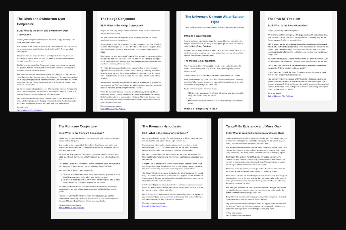 The seven Millennium Prize ELI5 pages